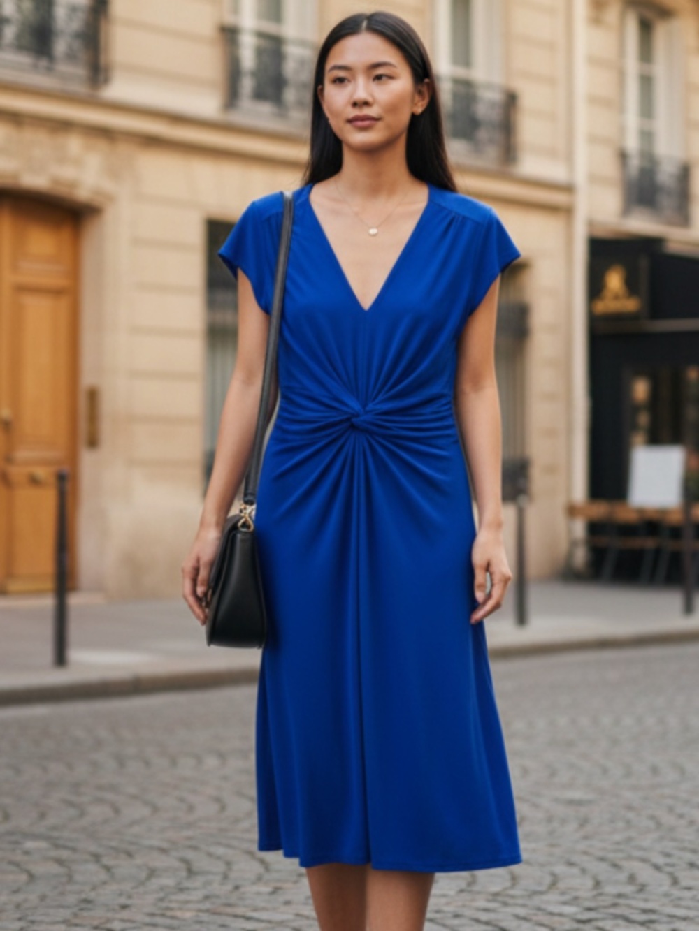 Joseph Ribkoff Dress Sz 10 Medium Cobalt Blue Liquid Knit Stretch Cocktail Party
